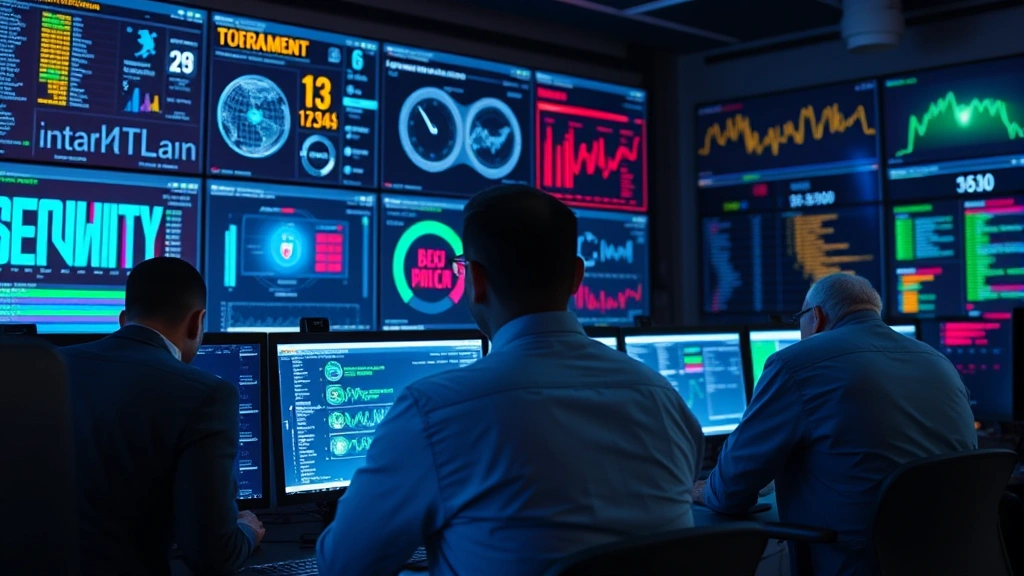 Cybersecurity operations center with analysts monitoring threat detection dashboards, digital security visualizations showing network protection, professional IT security environment with multiple screens tracking real-time security metrics and incident response