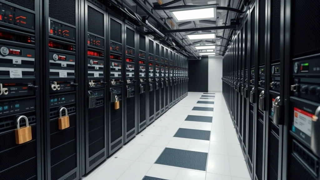 Close-up of a secure data center with rows of encrypted servers and hardware security modules, showing padlocks and security badges on equipment racks