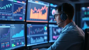Professional cybersecurity analyst reviewing protection metrics on multiple monitors in a secure operations center, displaying graphs and security dashboards with numerical data