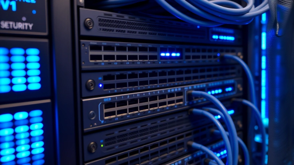 Close-up of security infrastructure hardware including network switches and firewalls in a data center environment with blue LED indicators and cable management