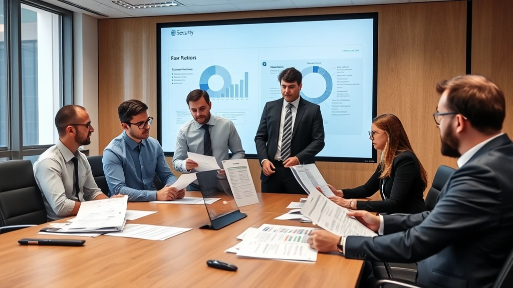 Team of security professionals in a conference room examining compliance documentation and risk assessment reports with charts and protection factor ratings
