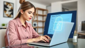 Young professional woman at laptop reviewing rental application documents with secure padlock symbol overlaid on screen, modern apartment background, cybersecurity visualization