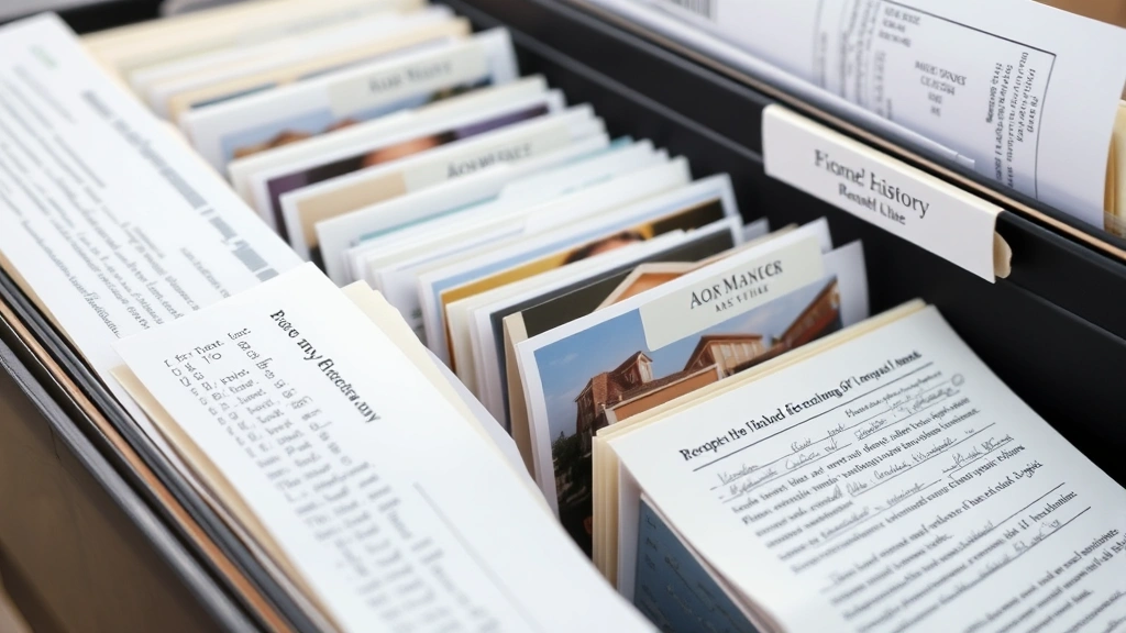 Detailed close-up of organized file folders with labels, receipts, photographs, and written notes documenting property condition and rental history