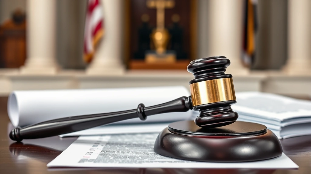 Judge's gavel on desk with legal documents, courthouse interior background, representing small claims court judgment and tenant rights enforcement