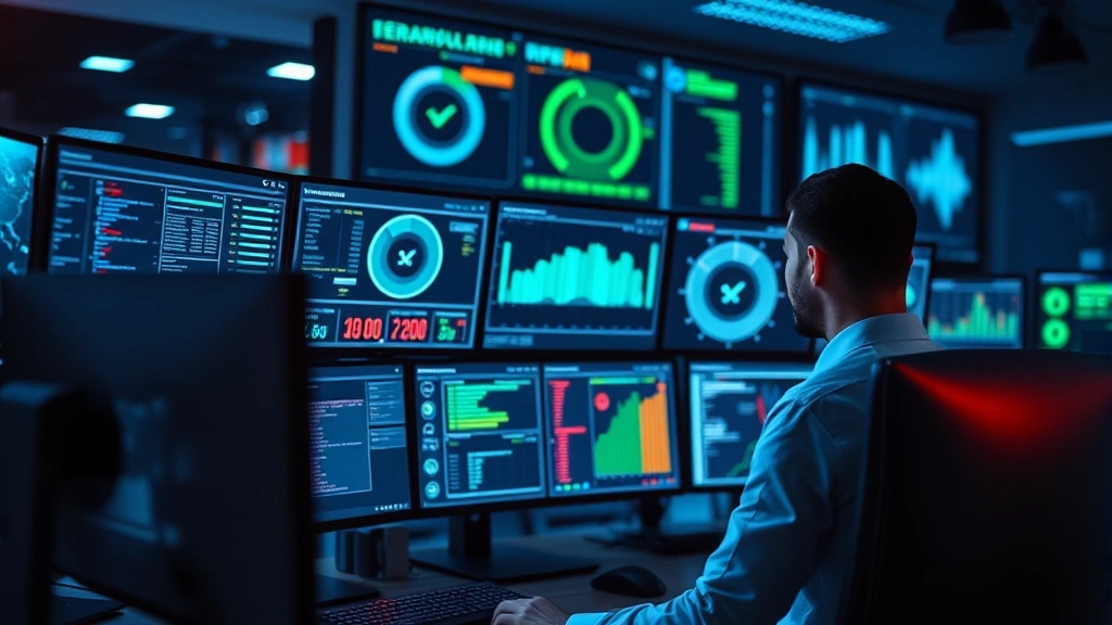 Professional cybersecurity analyst monitoring multiple computer screens with security dashboards, glowing data visualizations, and network status indicators in a modern SOC environment, blue and green lighting