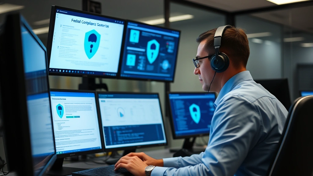Cybersecurity analyst reviewing federal compliance documentation and security controls on multiple monitors in a secure government office environment with blue security indicators displayed