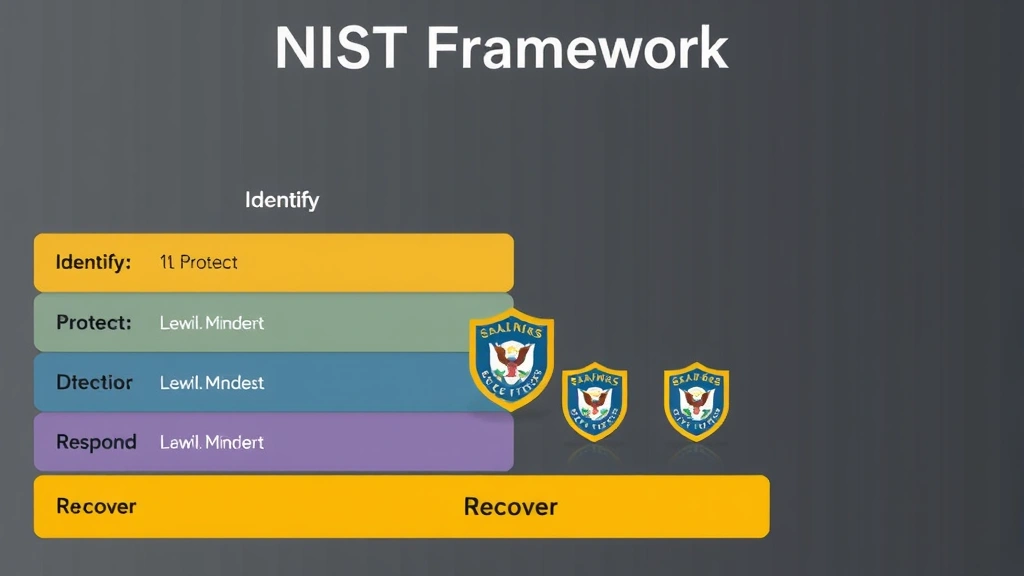 NIST framework diagram visualization showing five functions (Identify, Protect, Detect, Respond, Recover) with interconnected security layers and federal shield symbols