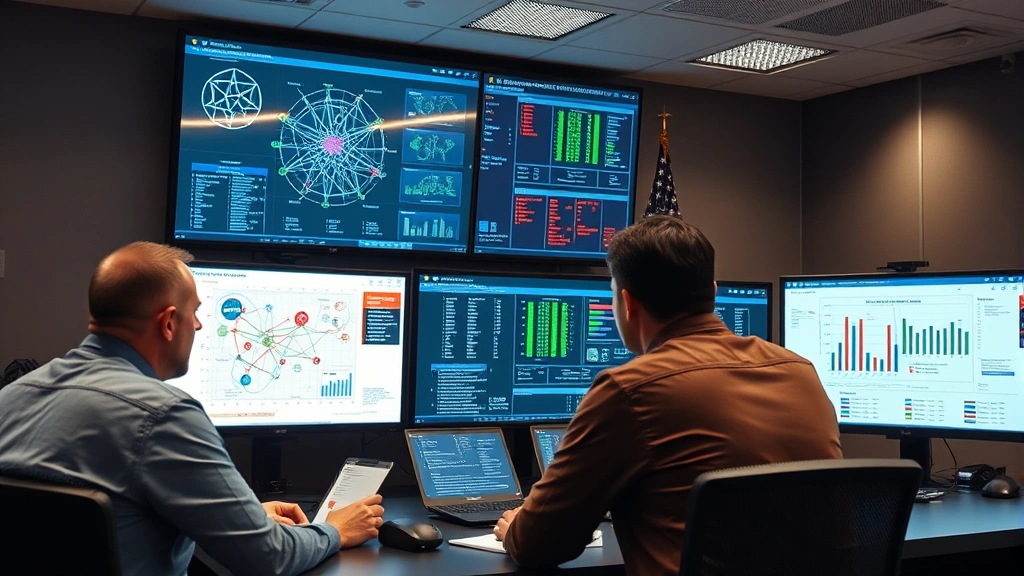 Incident response team conducting security assessment with network diagrams, risk matrices, and compliance metrics displayed on control room screens in federal agency setting