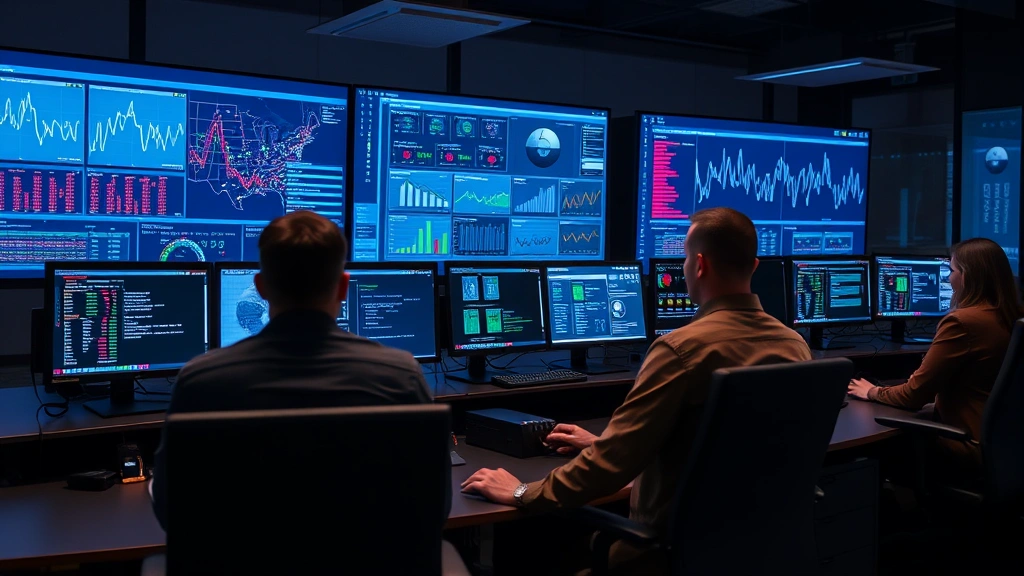 Professional cybersecurity operations center with security analysts monitoring multiple screens displaying network activity patterns and threat dashboards in a modern corporate environment