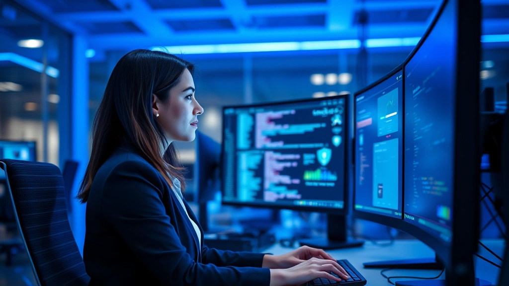 Professional woman analyzing security threats on multiple monitors in modern corporate office with blue ambient lighting, focused expression, hands on keyboard, cybersecurity operations center aesthetic