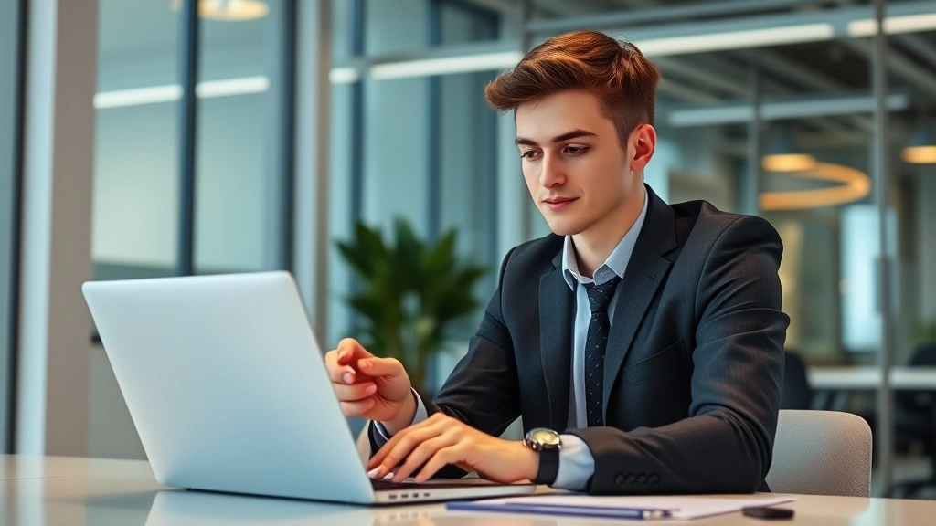 Young professional in business casual attire reviewing security certifications and credentials on laptop screen in bright office setting, confident expression, career advancement symbolism