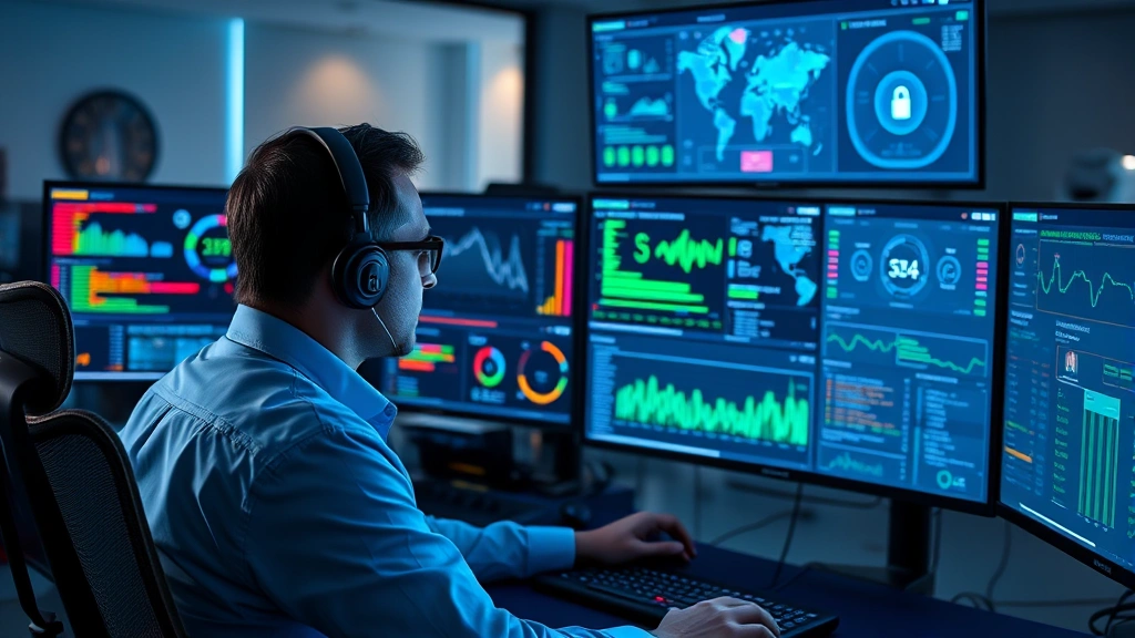 Professional cybersecurity analyst monitoring multiple security dashboards with threat data visualizations, sitting at modern workstation in well-lit SOC environment with blue and green glowing screens