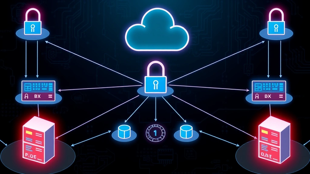 Network security infrastructure diagram visualization showing firewalls, servers, and protected network segments with data flowing through secured pathways in dark tech environment