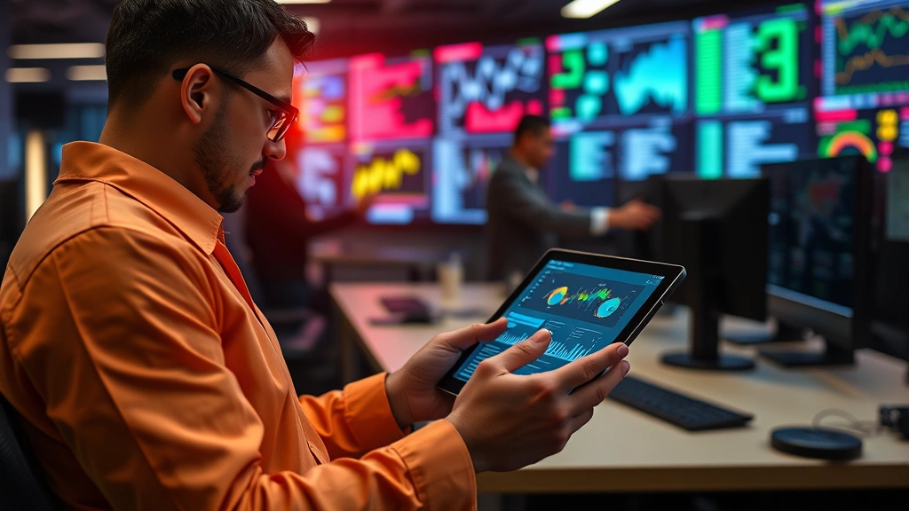 Cybersecurity professional reviewing incident response metrics and threat intelligence reports on tablet device while working in secure operations center with team members in background