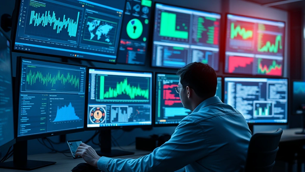 Cybersecurity analyst monitoring multiple screens displaying data protection dashboards and security alerts in a modern SOC environment with blue and green data visualizations