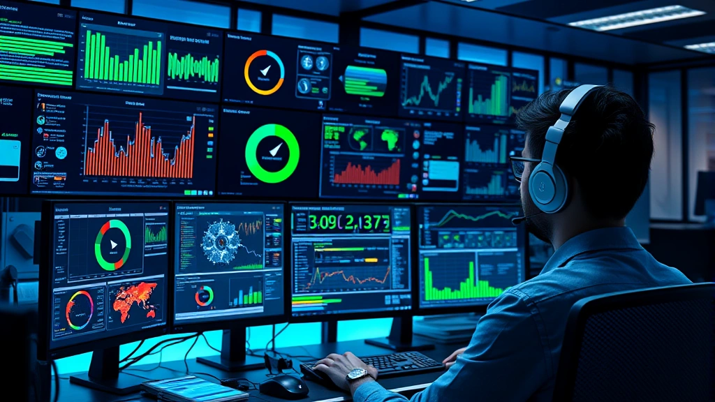 Professional cybersecurity analyst monitoring multiple threat detection dashboards and security metrics in a modern operations center with blue-green lighting and contemporary computer equipment