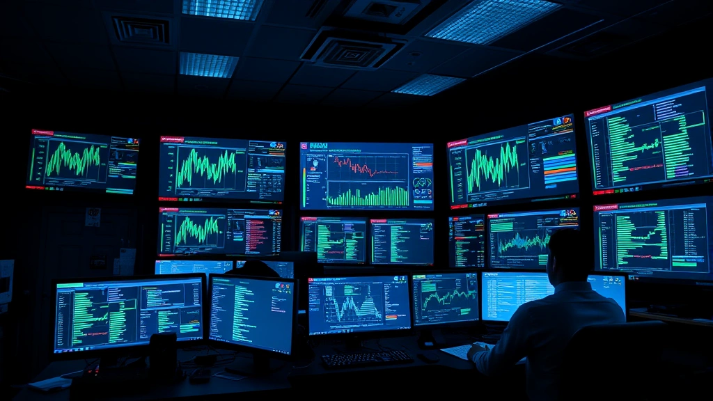 Photorealistic image of a cybersecurity operations center with multiple monitors displaying network traffic visualization, security dashboards with green and red indicators, professional analysts monitoring systems in a darkened room with blue lighting from screens, no visible text or code