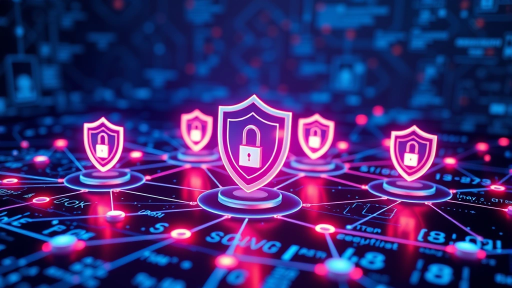 Photorealistic image of digital data protection concept showing encrypted data streams, shield symbols protecting networked nodes, interconnected security nodes with glowing connections, abstract representation of network security architecture, no visible code or terminal windows