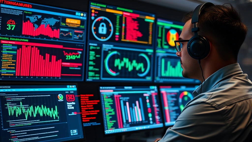 Professional cybersecurity analyst monitoring multiple network security dashboards with threat indicators and encrypted data streams flowing across screens in a modern university IT security operations center