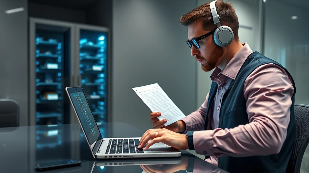 Cybersecurity professional reviewing device protection plans on modern laptop in secure office environment with locked storage cabinet visible, photorealistic, professional setting, no text or code visible