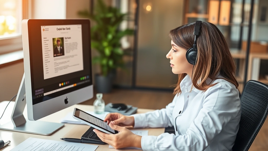 Customer service representative at desk reviewing claim documentation on computer monitor, with tablet device and paperwork visible, professional office environment with warm lighting, focused expression analyzing claim details
