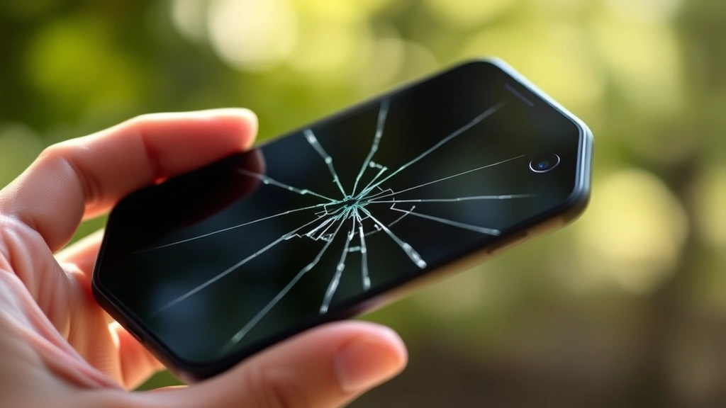 Close-up of hands holding a cracked smartphone screen with blurred background, showing accidental damage scenario in natural lighting