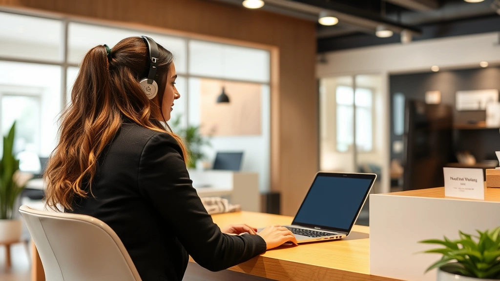 Person at customer service desk speaking with representative about device protection claim, professional office environment with warm tones