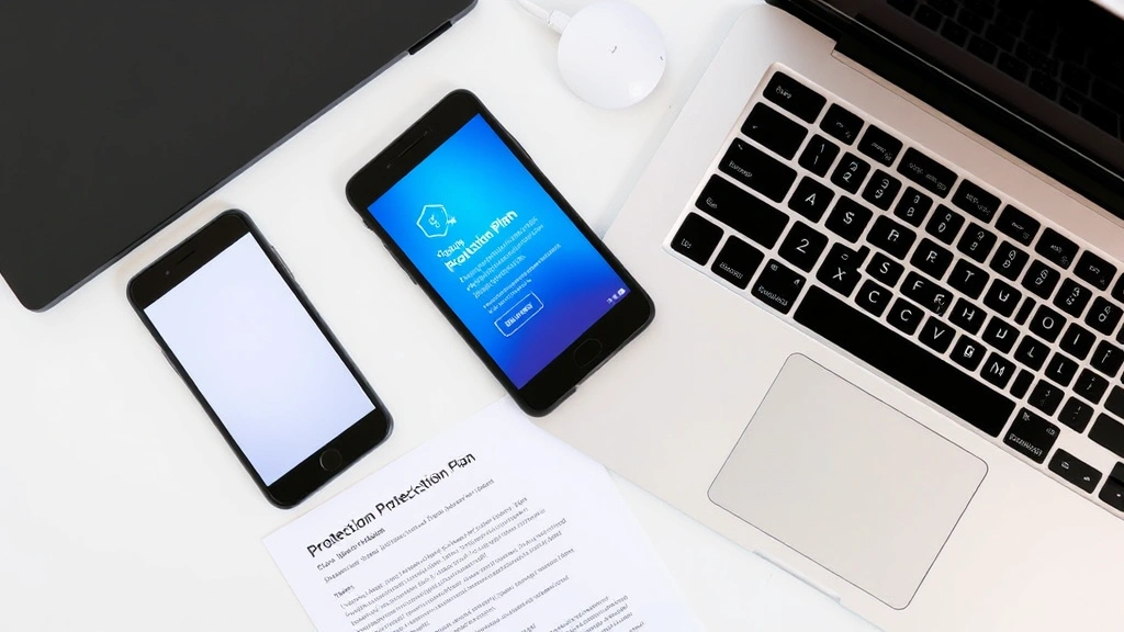 Flat lay of smartphone, tablet, and laptop arranged on desk with protection plan documents and deductible payment information visible