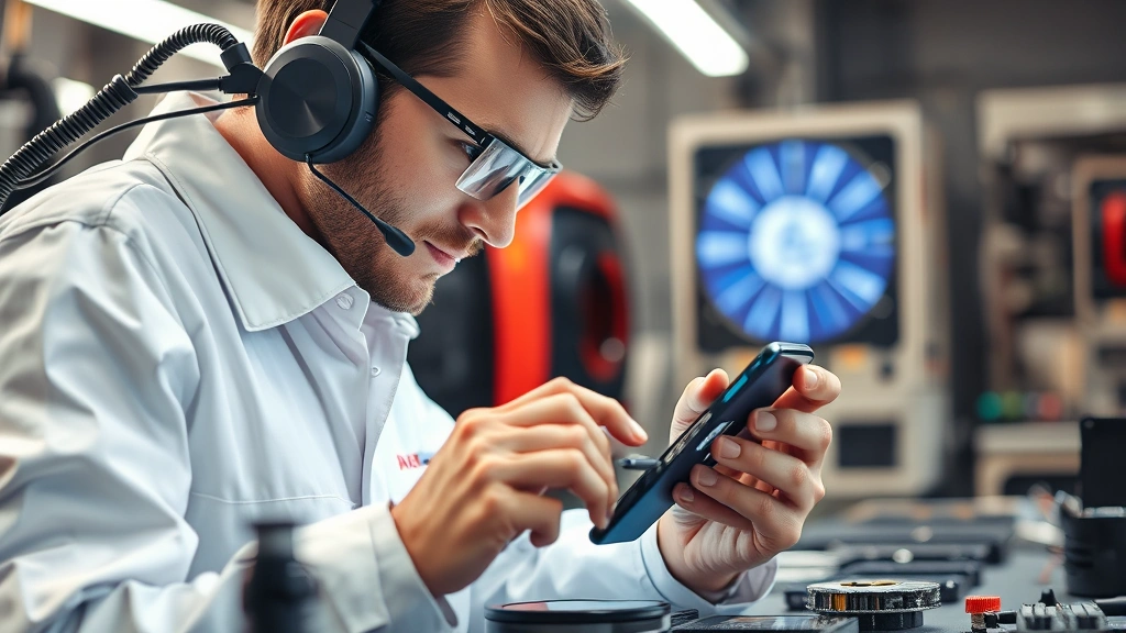 Professional tech support specialist examining a cracked smartphone screen at a modern device repair station with diagnostic equipment, warm lighting, focused concentration