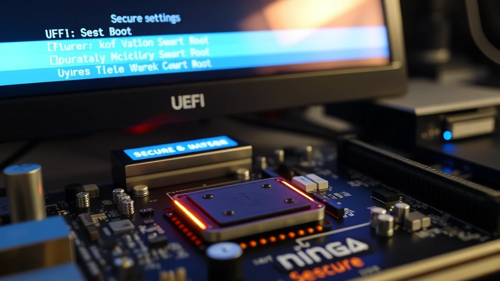 Close-up of a motherboard with glowing UEFI firmware interface displayed on monitor, showing security settings menu with Secure Boot option highlighted in blue, cybersecurity professional workspace background with subtle light reflections