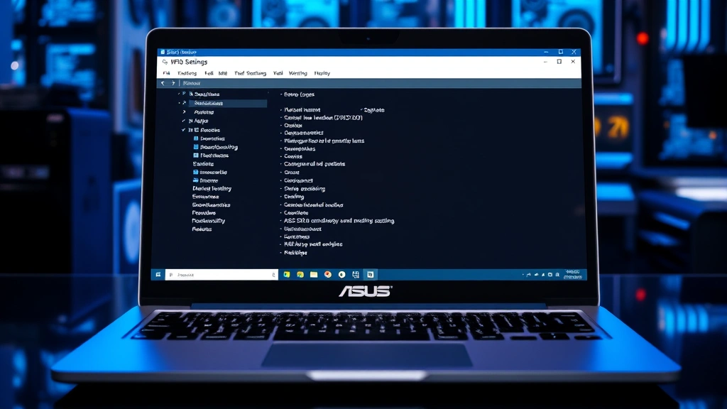 Modern laptop showing ASUS BIOS/UEFI interface with security settings displayed on screen, professional tech environment, blue and silver color scheme