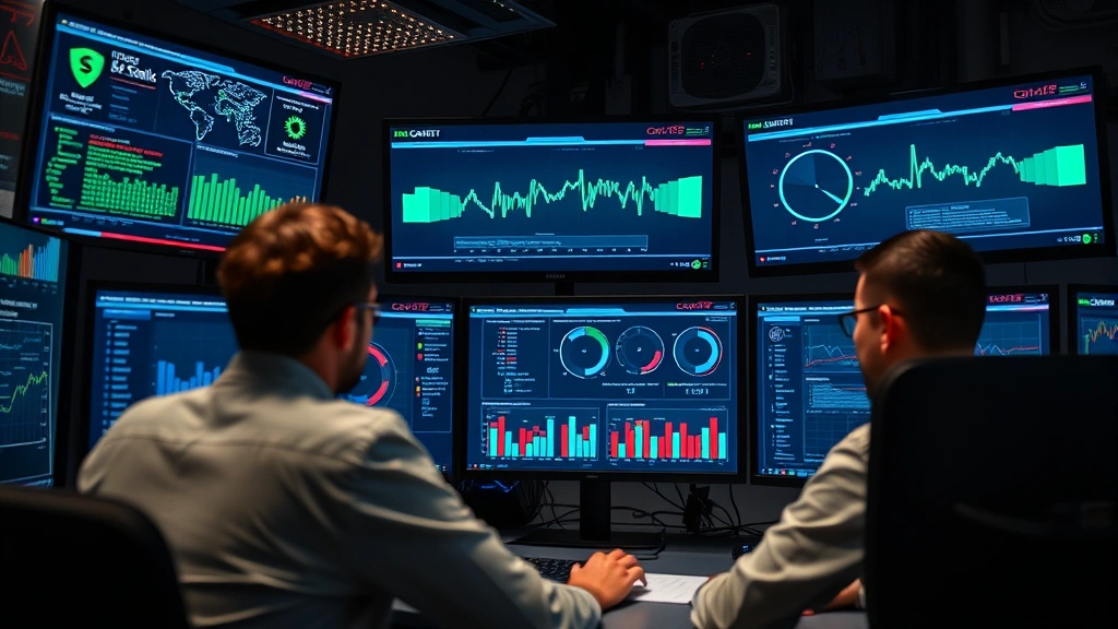 Network security analyst monitoring multiple screens showing system security metrics and device compliance dashboards, professional cybersecurity operations center environment