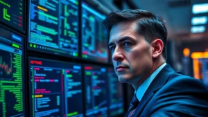 Cybersecurity professional monitoring network traffic on multiple screens in a modern data center, blue and green indicator lights reflecting on face, serious focused expression, professional business attire