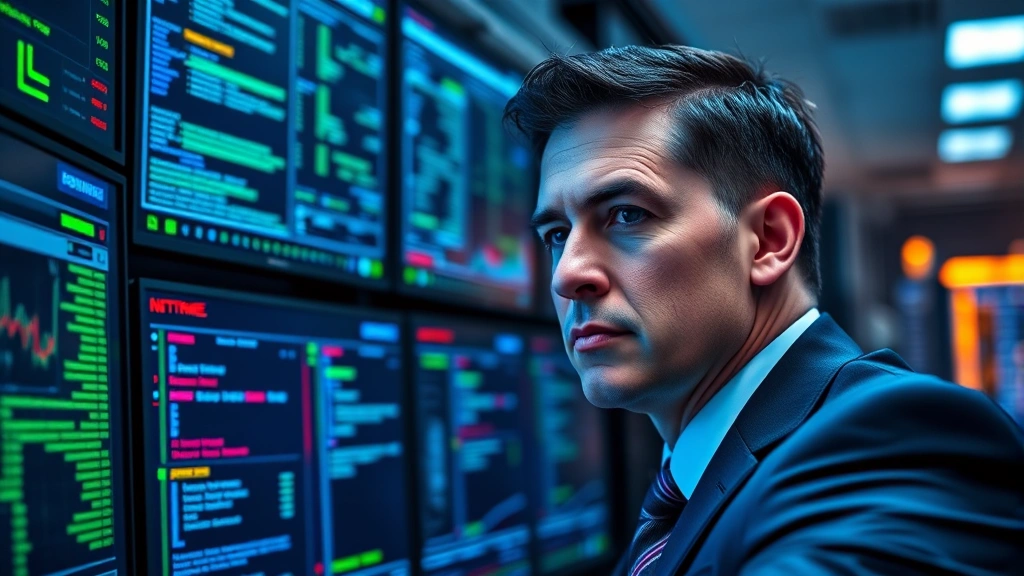 Cybersecurity professional monitoring network traffic on multiple screens in a modern data center, blue and green indicator lights reflecting on face, serious focused expression, professional business attire