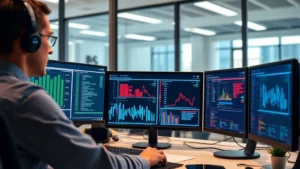 Professional cybersecurity analyst monitoring network traffic on multiple displays showing real-time threat detection dashboards and security analytics in a modern office environment