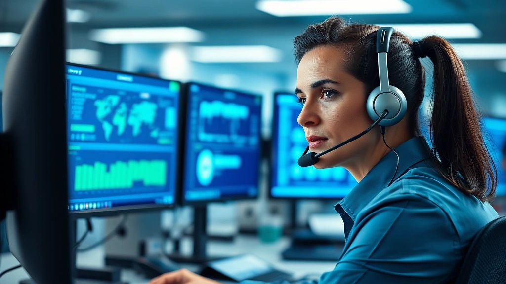 Professional customer service representative wearing headset in modern tech support center, multiple computer monitors displaying cybersecurity dashboards, blue and green security interface elements, serious focused expression, clean corporate environment with technology background