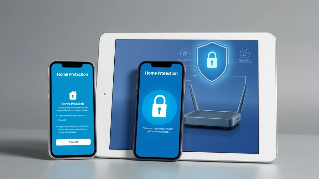Tablet and smartphone displaying AT&T mobile app interface with home protection features, secure network visualization with lock icons, digital shield protecting connected smart home devices including cameras and routers, modern minimalist design