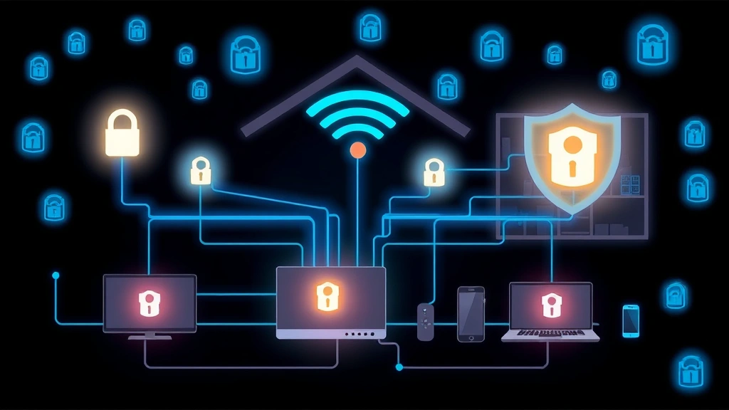 Home network security illustration showing connected devices protected by digital shield barrier, WiFi router with security indicators, multiple household devices (smart TV, laptop, phone) surrounded by glowing protection aura, dark background with blue security elements
