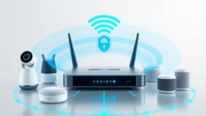 Modern home router with WiFi signal waves emanating from it, surrounded by smart home devices like cameras, smart speakers, and connected locks, showing secure network connectivity with blue digital overlay indicating data protection