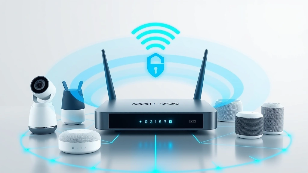 Modern home router with WiFi signal waves emanating from it, surrounded by smart home devices like cameras, smart speakers, and connected locks, showing secure network connectivity with blue digital overlay indicating data protection