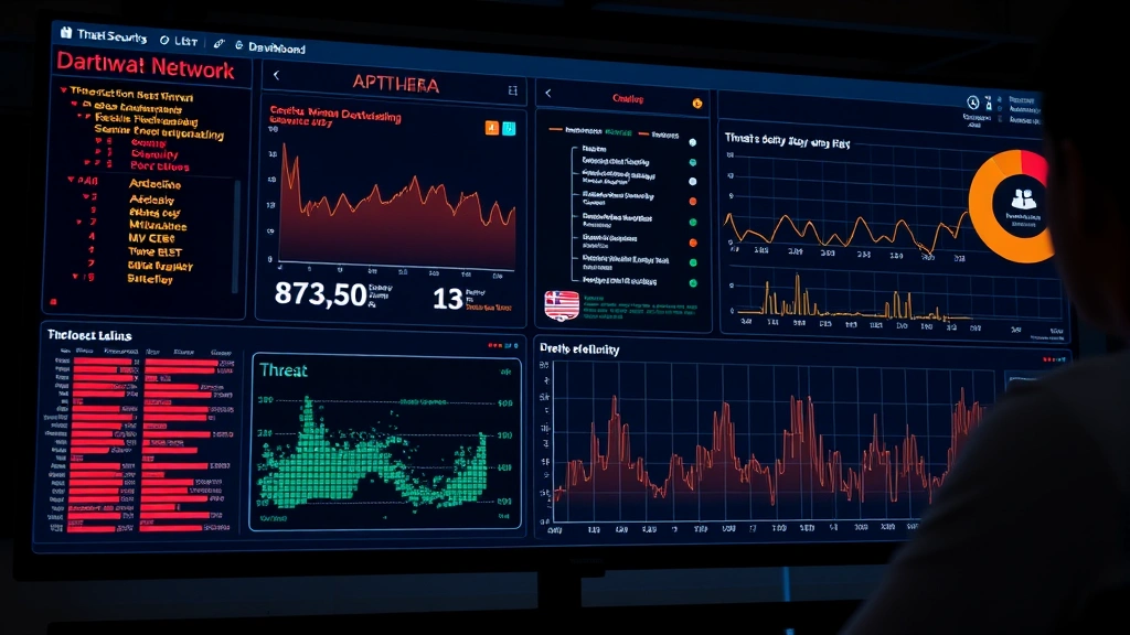 Network security analyst monitoring dashboard displaying threat detection alerts, with abstract data streams and security metrics visualized, showing real-time network monitoring and threat identification system