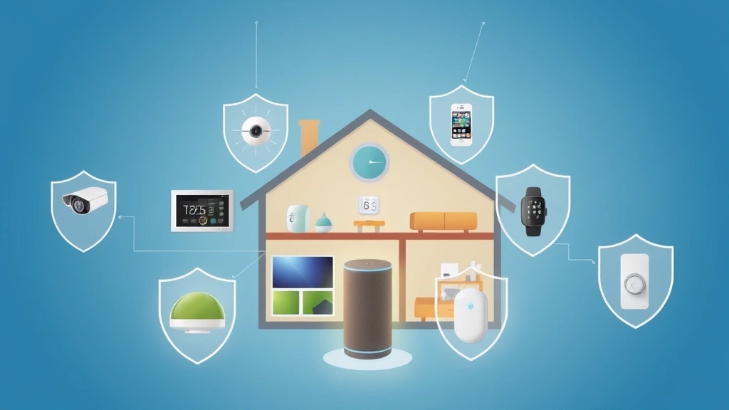 Smart home ecosystem illustration showing various connected devices—security cameras, thermostats, smart speakers, door locks—with protective shield barriers around each device, representing layered cybersecurity protection