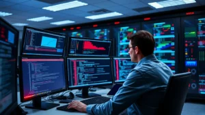 Cybersecurity professional analyzing network security breach on multiple computer monitors in modern data center, blue and red alert indicators visible, professional workspace with advanced monitoring systems