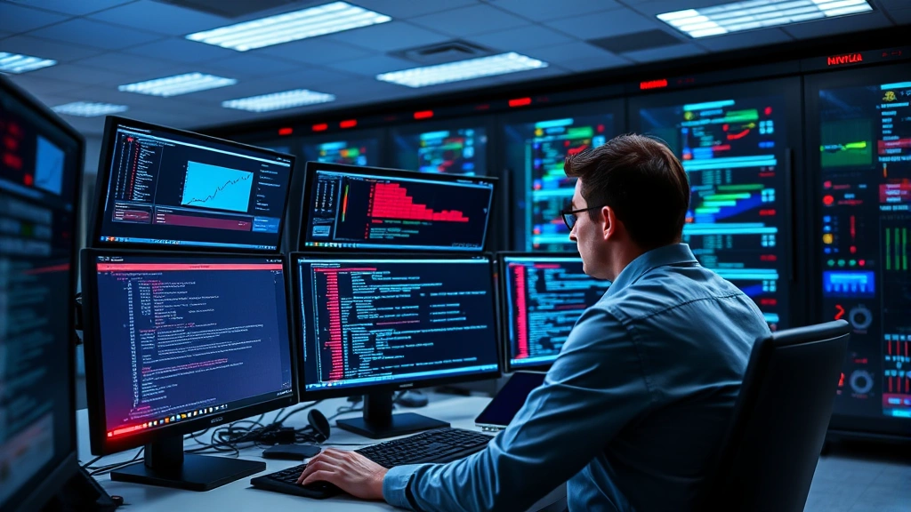 Cybersecurity professional analyzing network security breach on multiple computer monitors in modern data center, blue and red alert indicators visible, professional workspace with advanced monitoring systems