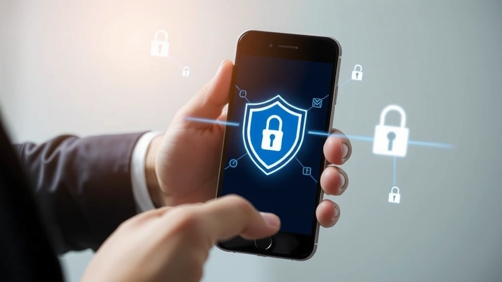 Person holding smartphone with security shield icon, digital lock symbols floating around device screen, representing mobile security and data protection against cyber threats