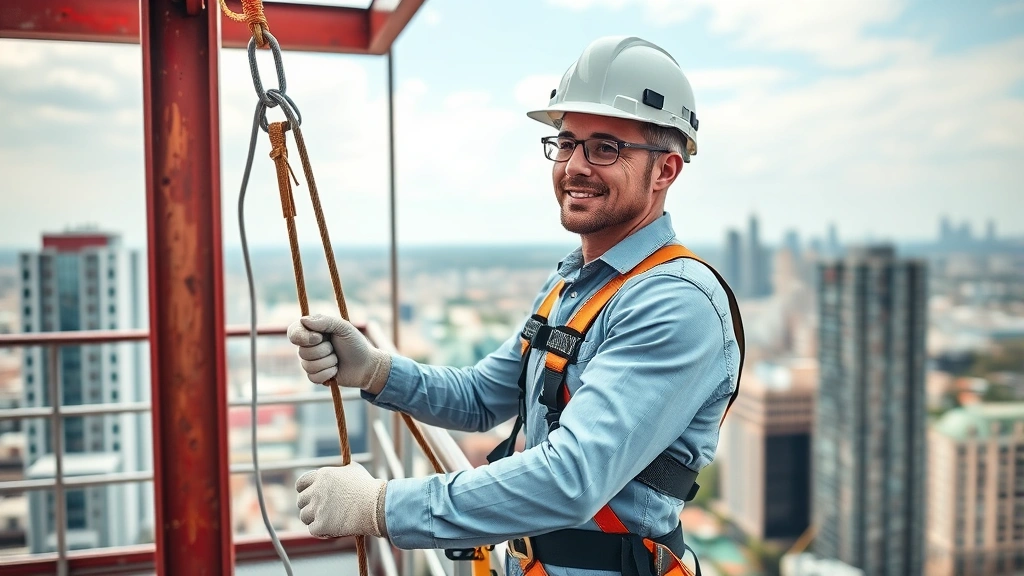 Professional construction worker wearing safety harness and hard hat secured to anchor point on elevated scaffolding platform with cityscape background, demonstrating proper personal fall arrest system usage
