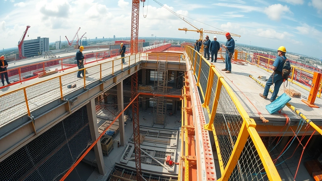 Wide angle of construction site showing guardrail systems installed along elevated platform edges, safety nets below, and workers at various heights with appropriate fall protection equipment in place