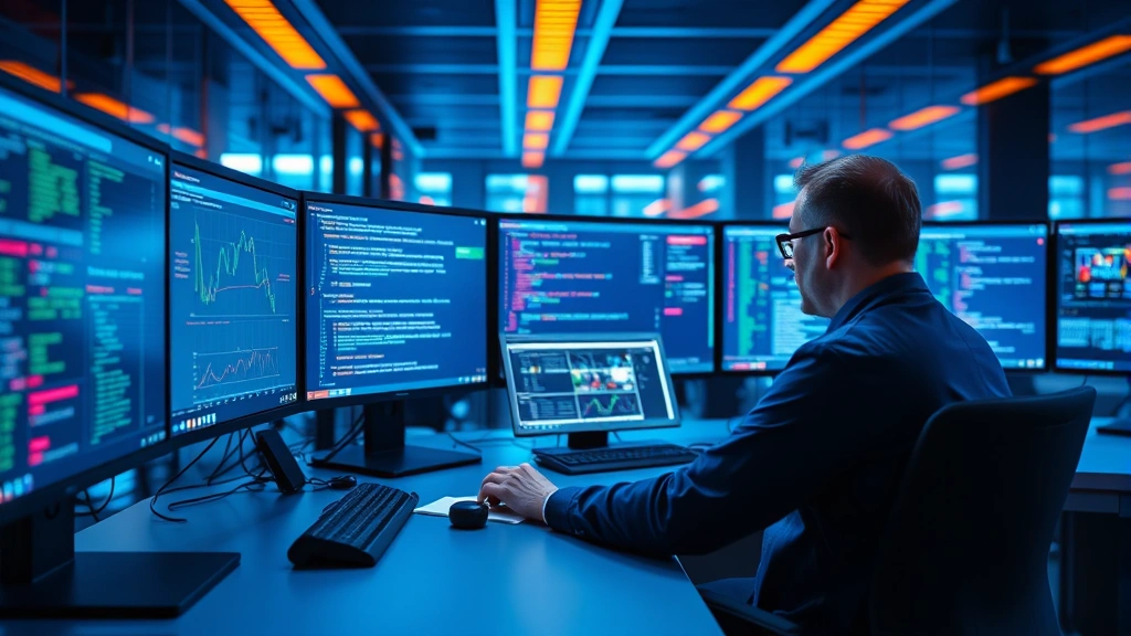 Cybersecurity analyst monitoring digital threats on multiple screens in modern security operations center, blue and amber lighting, professional environment, no visible text or code