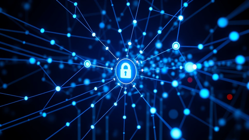 Advanced network infrastructure with glowing nodes and connections representing secure data flow, abstract digital protection visualization, dark background with blue light patterns
