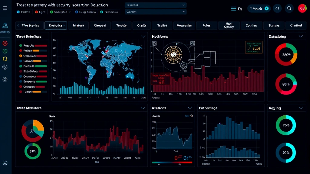 Sophisticated threat detection dashboard showing real-time security monitoring with network visualization and threat indicators, professional security monitoring environment